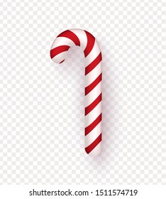 Christmas realistic candy cane isolated on transparent background. Vector illustration. Top view on icon. Element for design of greeting card, banner, poster, advertising brochure and other.
