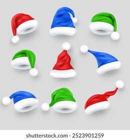 Christmas realistic colorful Santa hat collection. Red, blue and green New Year cap with fur icon set.