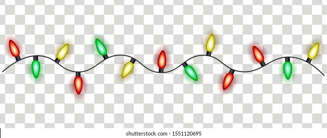 Christmas realistic festive light strings and bright garlands of different colors for winter holiday. Transparent vector christmas illustration of light strings and garlands.