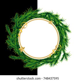 Christmas realistic fluffy green wreath pine tree greeting template. Xmas happy holiday Christmas mockup. Vector golden sparkle shine isolated background illustration. New year winter decoration card