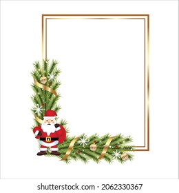 Marco realista de Navidad hojas de pino de Santa, copos de nieve, bola de oro. Marco dorado de Navidad con cinta. Feliz elemento de decoración navideña con bayas rojas, luces, cinta dorada. Elementos de Navidad.