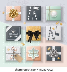 Christmas realistic gift boxes set. Flat lay style