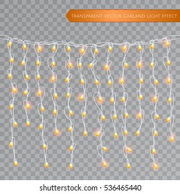Christmas realistic lights isolated design elements. Glowing lights for Xmas Seasonal Holiday greeting card design. LED neon Garlands decorations template on a transparent background. Vector EPS 10