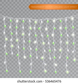 Christmas realistic lights isolated design elements. Glowing lights for Xmas Seasonal Holiday greeting card design. LED neon Garlands decorations template on a transparent background. Vector EPS 10