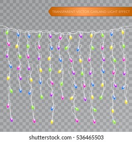 Christmas realistic lights isolated design elements. Glowing lights for Xmas Seasonal Holiday greeting card design. LED neon Garlands decorations template on a transparent background. Vector EPS 10