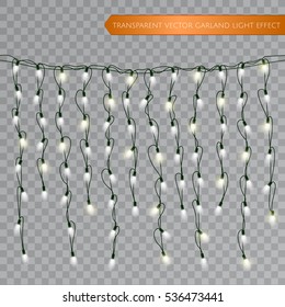 Christmas realistic lights isolated design elements. Glowing lights for Xmas Seasonal Holiday greeting card design. LED neon Garlands decorations template on a transparent background. Vector EPS 10