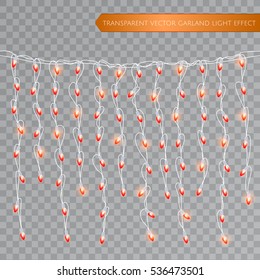 Christmas realistic lights isolated design elements. Glowing lights for Xmas Seasonal Holiday greeting card design. LED neon Garlands decorations template on a transparent background. Vector EPS 10