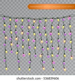 Christmas realistic lights isolated design elements. Glowing lights for Xmas Seasonal Holiday greeting card design. LED neon Garlands decorations template on a transparent background. Vector EPS 10
