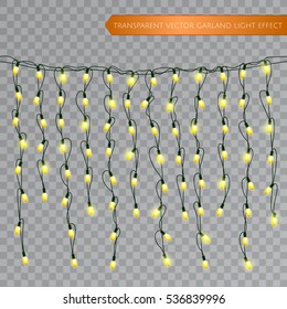 Christmas realistic lights isolated design elements. Glowing lights for Xmas Seasonal Holiday greeting card design. LED neon Garlands decorations template on a transparent background. Vector EPS 10