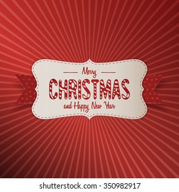 Christmas realistic paper white Banner with Ribbon on striped red Background. Vector Illustration