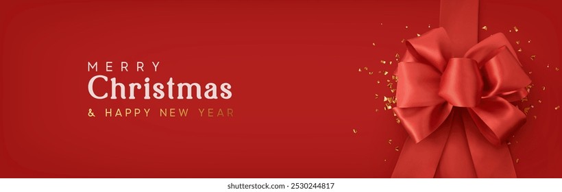 Natal realista fita de cetim vermelho e arco e confete dourado glitter. Modelo de arco-presente. Banner horizontal, cartaz da web, design para panfletos, brochuras, convites de férias. Ilustração vetorial