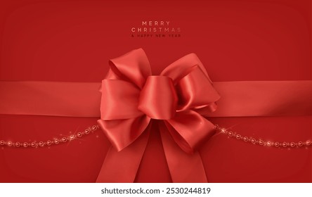 Christmas realistic red satin ribbon and bow, string beads. Gift bow template. Xmas banner, web poster, design for flyers, brochures, holiday invitations. Happy new year gift card. Vector illustration