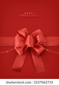 Christmas realistic red satin ribbon and bow, string beads. Gift bow template. Xmas banner, web poster, design for flyers, brochures, holiday invitations. Happy new year gift card. Vector illustration