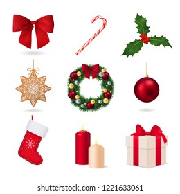 Christmas realistic set with nine isolated images of holiday accessories and decorations on blank background vector illustration