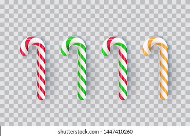 Christmas realistic striped stick candy set isolated on transparent background. Vector 3d sweet traditional gift illustration. Holiday xmax decoration design elements.