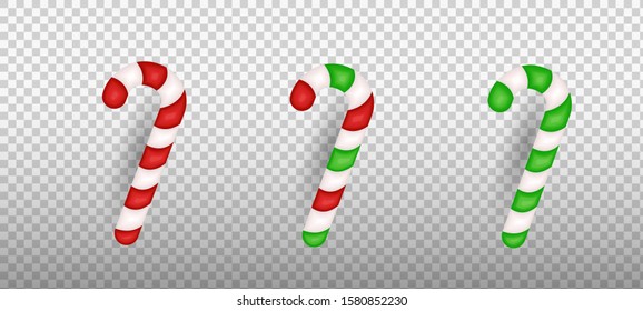 Christmas realistic striped stick candy set isolated on transparent background. Vector illustration