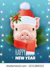 Christmas realistic vector illustration with pig head in winter knitted cap and happy new year inscription 