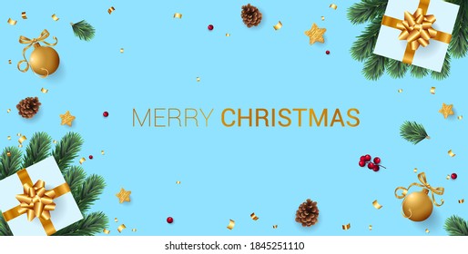 Christmas realistic vector template, christmas tree branches, white gift boxes with gold ribbons, cones and new year balls, holly berries