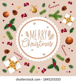 Christmas realistic vector template, christmas tree branches, white gift boxes with gold ribbons, cones, cany canes and new year balls, holly berries withmodern trebdy Merry Christmas lettering.