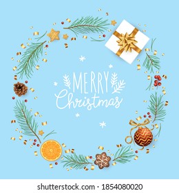 Christmas realistic vector template, christmas tree branches, white gift boxes with gold ribbons, cones, cany canes and new year balls, holly berries withmodern trebdy Merry Christmas lettering.