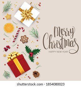 Christmas realistic vector template, christmas tree branches, white gift boxes with gold ribbons, cones, cany canes and new year balls, holly berries withmodern trebdy Merry Christmas lettering.