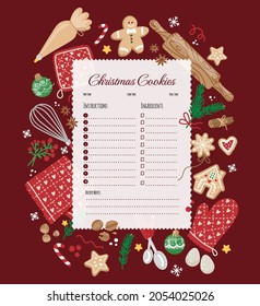 Christmas recipes template for banner, web design, brochure.Red background with ingredients for Christmas baking and design elements.Vector flat illustration.