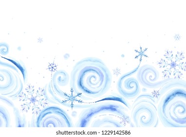 Christmas rectangle banner with colorful snowflakes and winter blizzards for your text in vintage watercolor style. Vector holiday illustration blue, purple and turquoise colors on white background.