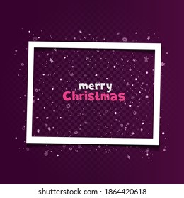 Christmas rectangle frame with blowing snow on transparent background. Holiday celebration photo shape template