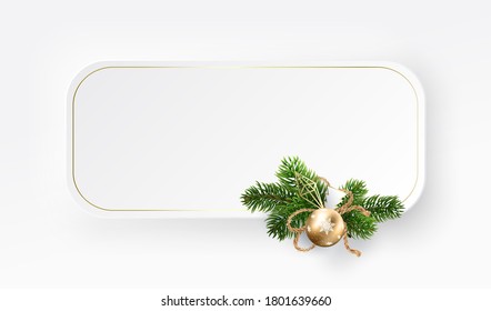 Christmas rectangle frame of the branches white blank banner. Copy space background. Neumorphic white geometric shape in a trendy soft 3D style with shadow with holiday wreath.