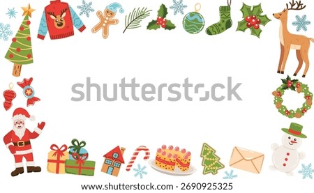 Christmas rectangle frame with Santa Claus, tree, candy cane, snowflake and gingerbread in flat cartoon style. Cute festive border for greeting card, poster, invitation or holiday design.