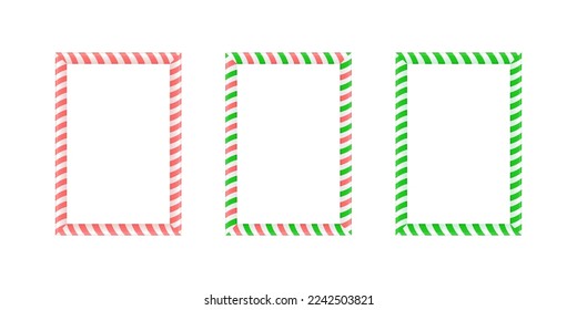 Christmas rectangle frame set. Candy cane border with striped lollipop pattern. Xmas and new year template collection. Vector background 