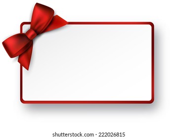 Christmas Rectangle Gift Card With Red Satin Bow. Vector Illustration. 