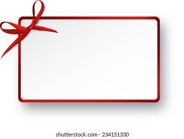 Christmas rectangle gift card with red satin bow. Vector illustration.