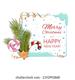 Christmas rectangular banner with sweets and a spruce branch.The design of the banner for congratulations on the new year and Christmas. Colored vector illustration in cartoon style.