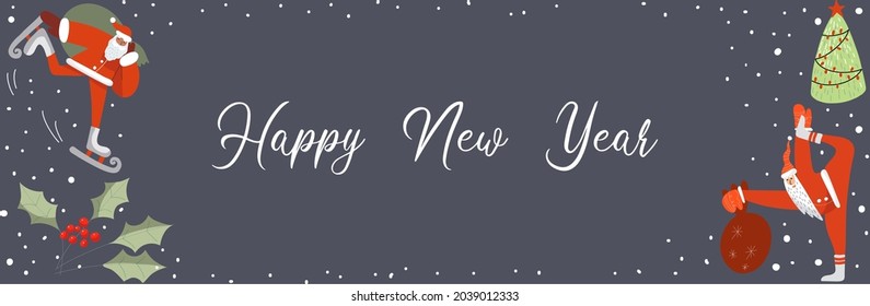 Christmas rectangular banner with two Santas, holly berries and leaves and a Christmas tree.