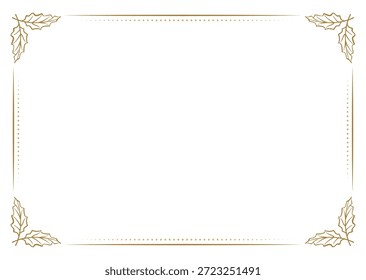 Christmas rectangular frame with golden leaves. Elegant winter decorative border.