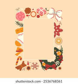 Christmas rectangular frame. Hand-drawn cute Christmas elements. Background, card, banner, poster. Vector illustration