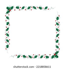 Christmas rectangular frame with holly leaves, border of Christmas thorns with branches and berries