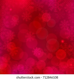 Christmas red abstract background. New Year holiday vector design with bokeh lights and snowflakes