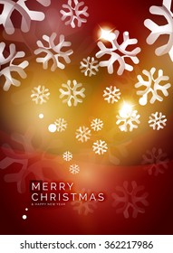 Christmas red abstract background with white transparent snowflakes