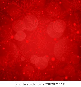 Fondo rojo de Navidad con un patrón de copos de nieve y luces de bokeh borrosas. Elemento de diseño festivo para afiche navideño, pancarta, tarjeta o publicación en medios sociales. Ilustración del vector