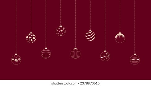 Christmas red background with balls. Christmas decoration for greeting card, poster, banner, advertising. Vector illustration. 