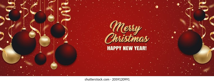 Christmas red background with Christmas balls and golden ribbons. Happy New Year decoration. Elegant Xmas banner or poster with baubles. Vector illustration.