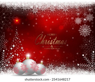 Christmas red background with balls and shiny Christmas tree.