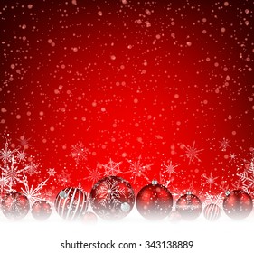 Christmas red background with balls and snowflakes. Vector illustration.