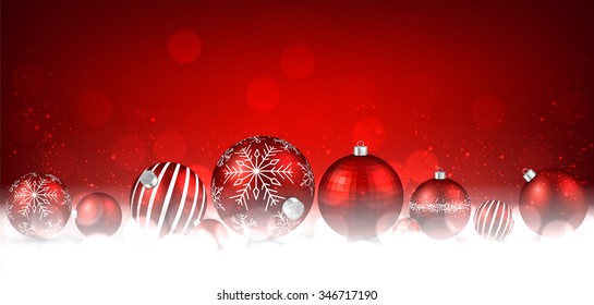 Christmas red background with balls. Vector paper illustration.
