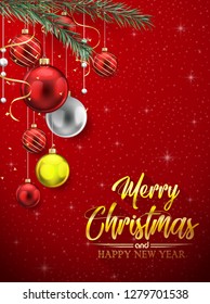 Christmas red background with colorful balls