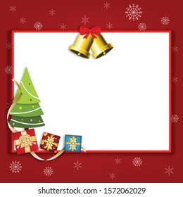 Christmas red background decoration with gift box, red bow and free space for text.