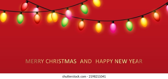 Christmas red background with decoration round ring from glass light garland. Merry Christmas Greeting card. Happy new year. Festive bright design. Xmas Holiday poster. vector illustration