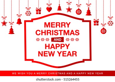 Christmas red background with decorations and place for text. Vector Illustration